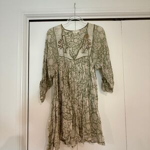 Daughters of India Green and Cream Floral Dress